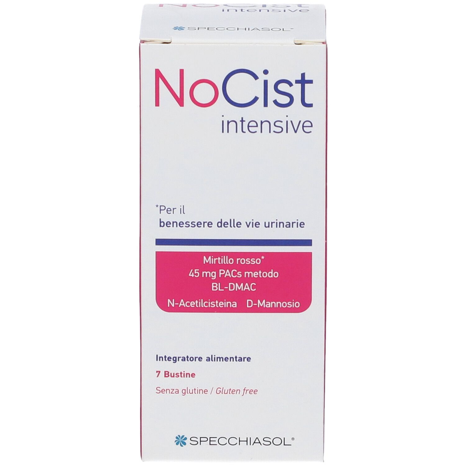 Produktverpackung mit Text. Rosa und weiß. Text: NoCist intensive, 7 Beutel, glutenfrei.