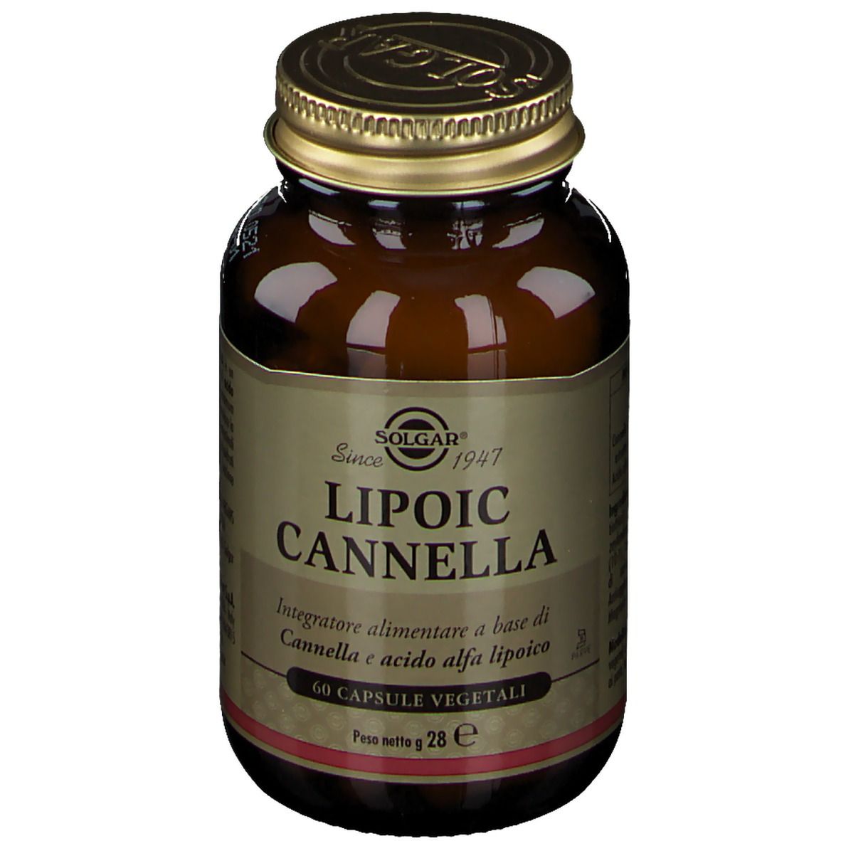 Flacone di vetro marrone con tappo dorato. Scritta: SOLGAR, Lipoic Cannella, 60 capsule.