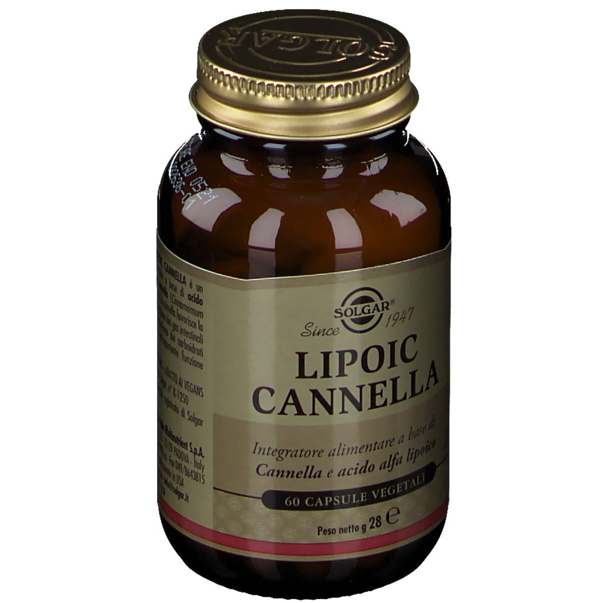 Flacone di vetro marrone con tappo dorato. Scritta: SOLGAR, Lipoic Cannella, 60 capsule, 28g.