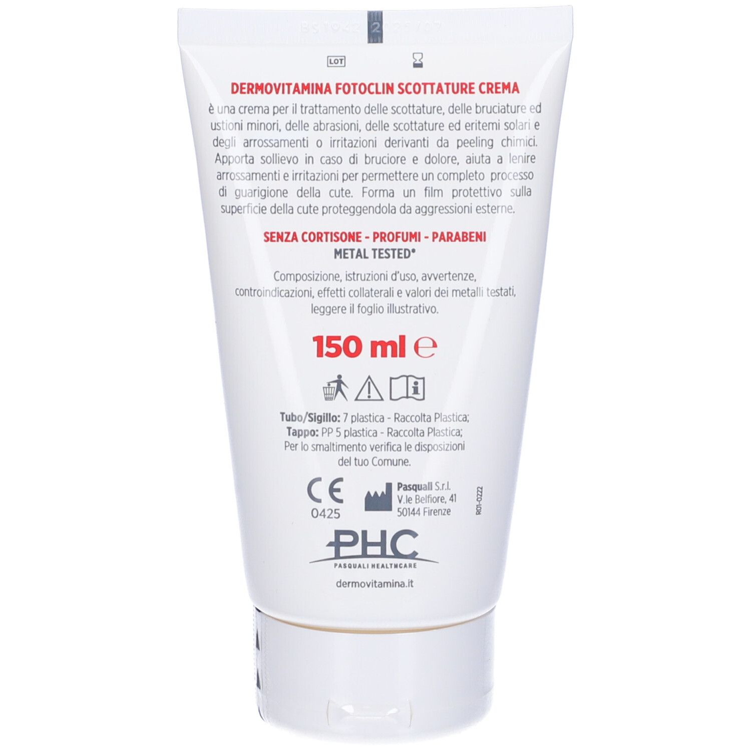 Retro del tubo con informazioni sul prodotto e ingredienti. 150 ml.