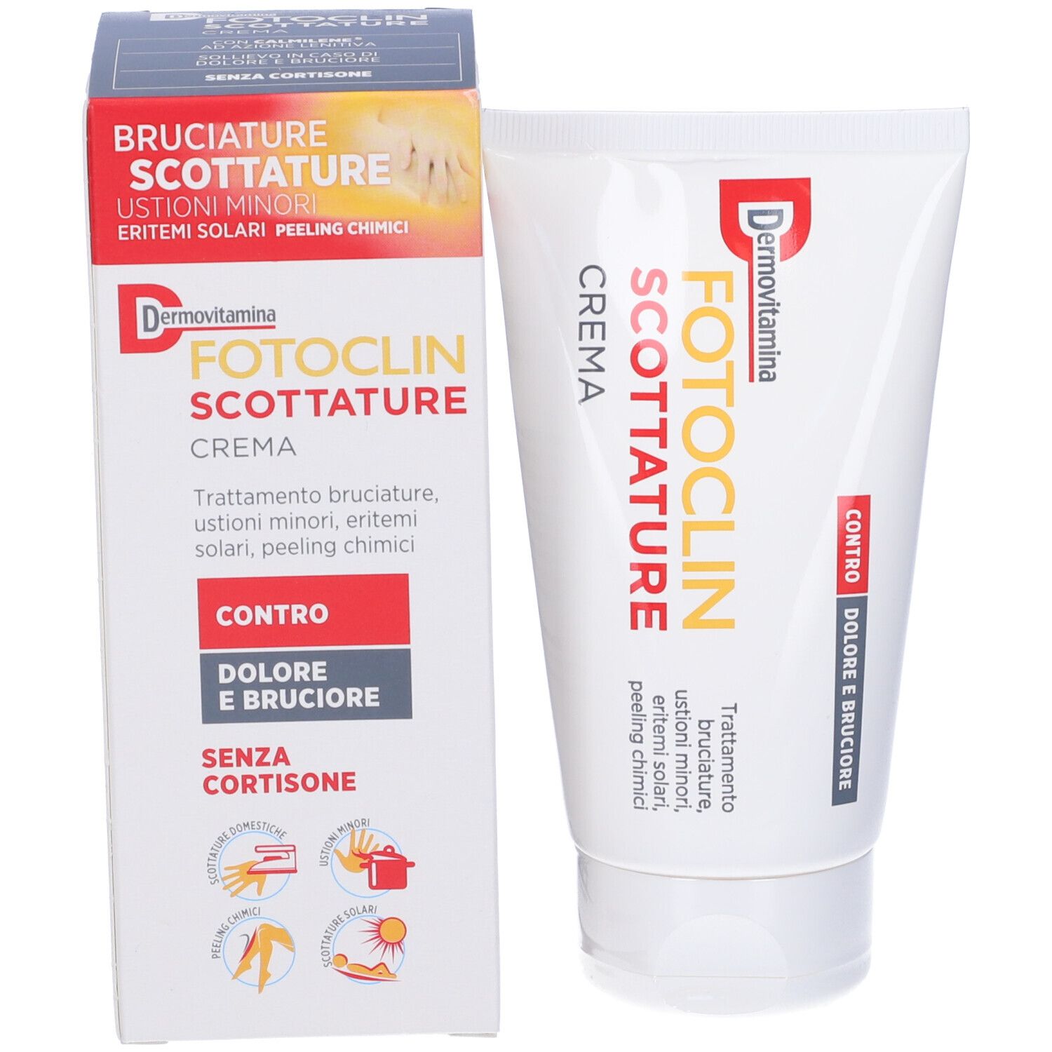 Confezione del prodotto con tubo e scatola. Scritta 'BRUCIATURE SCOTTATURE'.