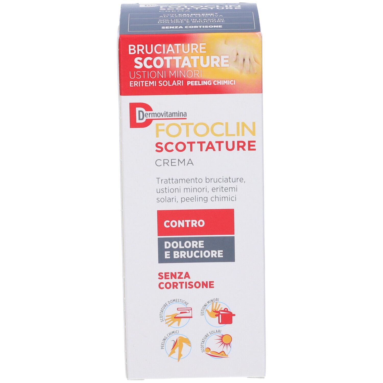 Confezione del prodotto con scatola. Scritta 'BRUCIATURE SCOTTATURE'.