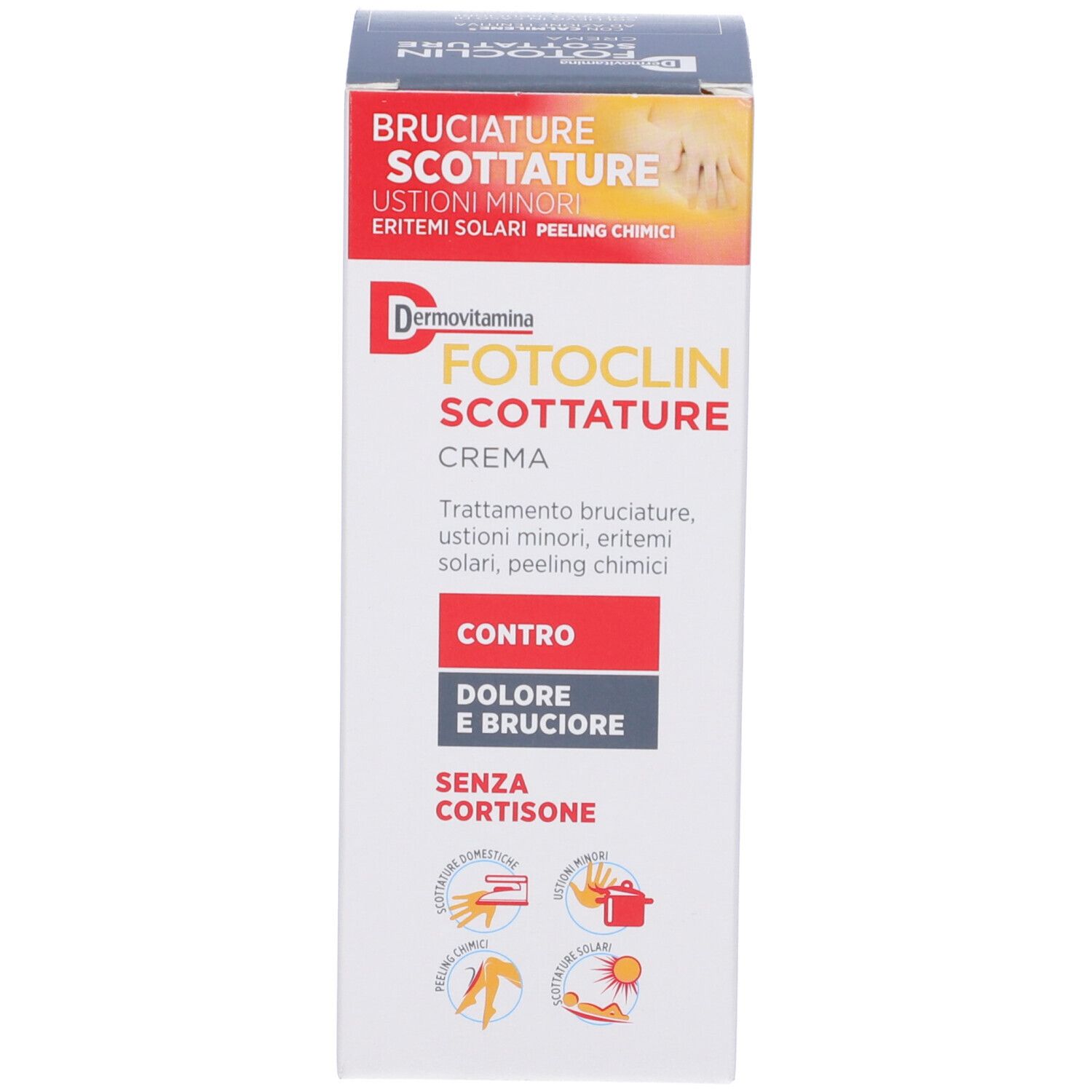 Confezione del prodotto con scatola. Scritta 'BRUCIATURE SCOTTATURE'.