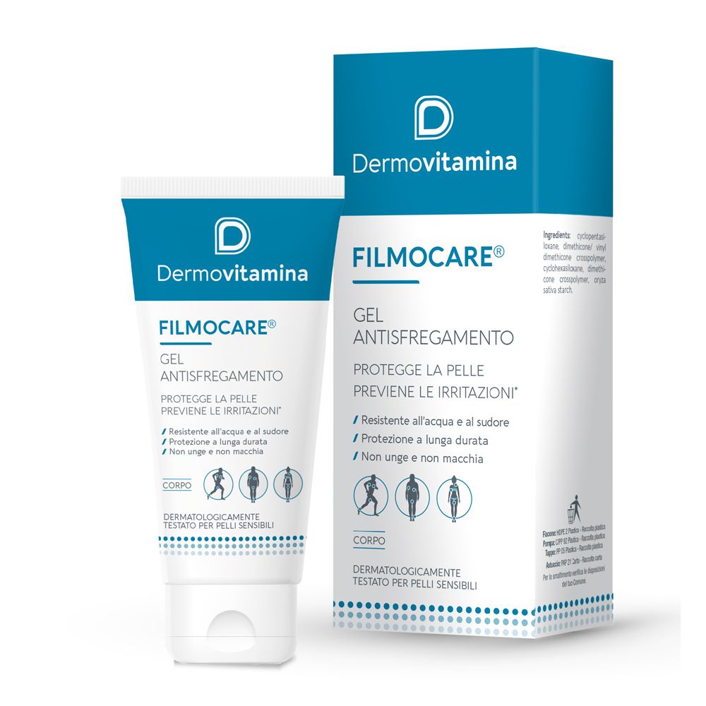 Dermovitamin Filmocare Gel Antisfregamento. Tube et boîte. Protège la peau des frottements. Testé dermatologiquement.