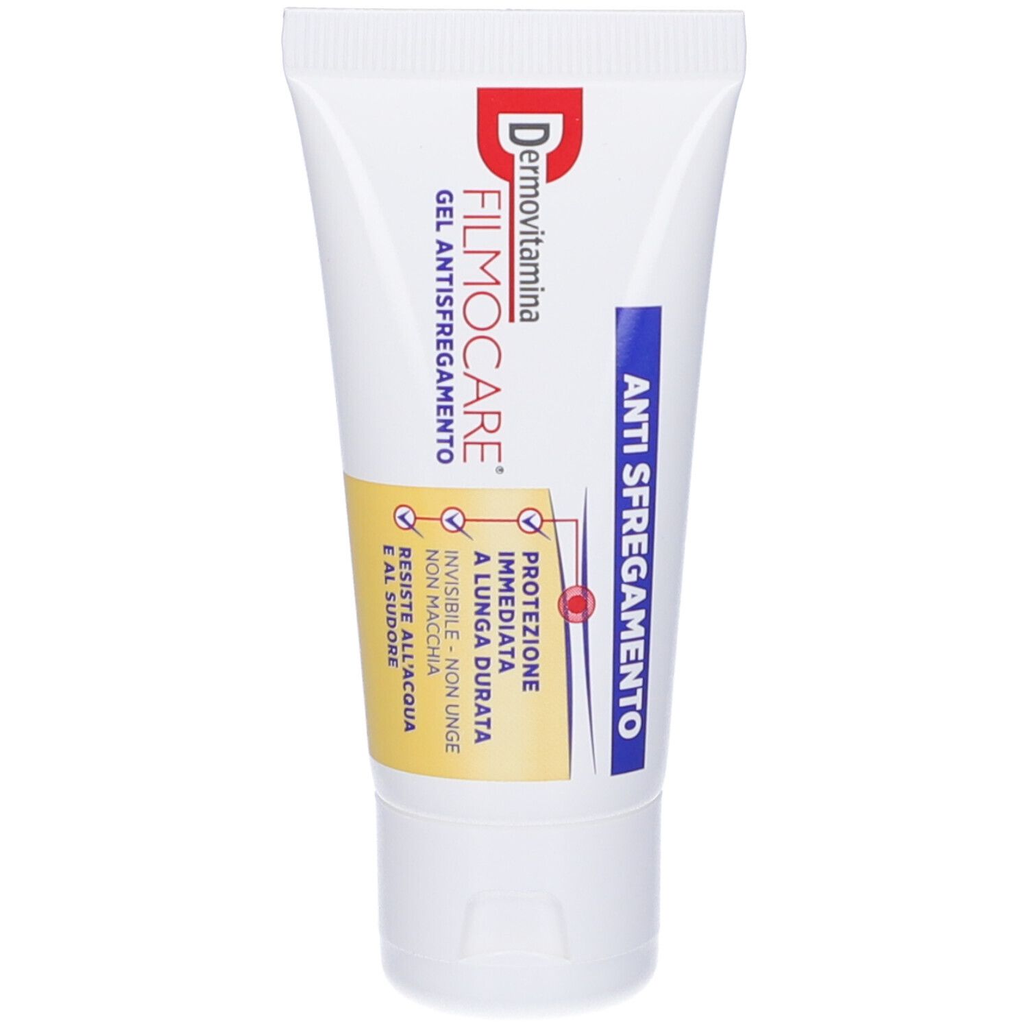 Dermovitamin Filmocare Gel Antisfregamento. Tube avec informations produit. Protège des frottements, résistant à l'eau, longue durée.