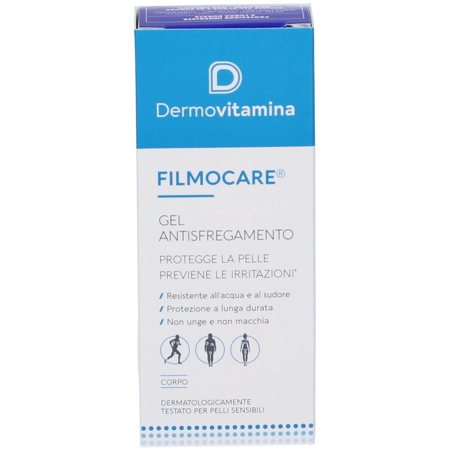 Dermovitamin Filmocare Gel Antisfregamento. Boîte. Protège la peau des frottements. Testé dermatologiquement.