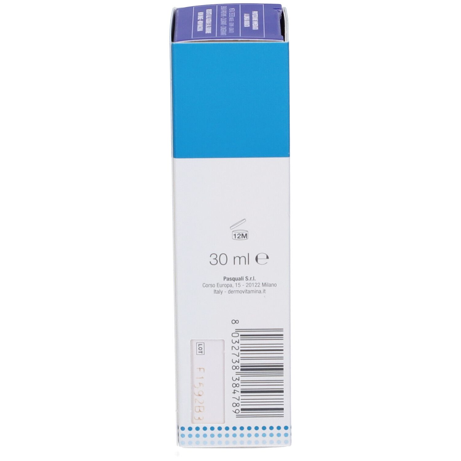 Dos de la boîte Dermovitamin. Informations produit, 30 ml, testé dermatologiquement.