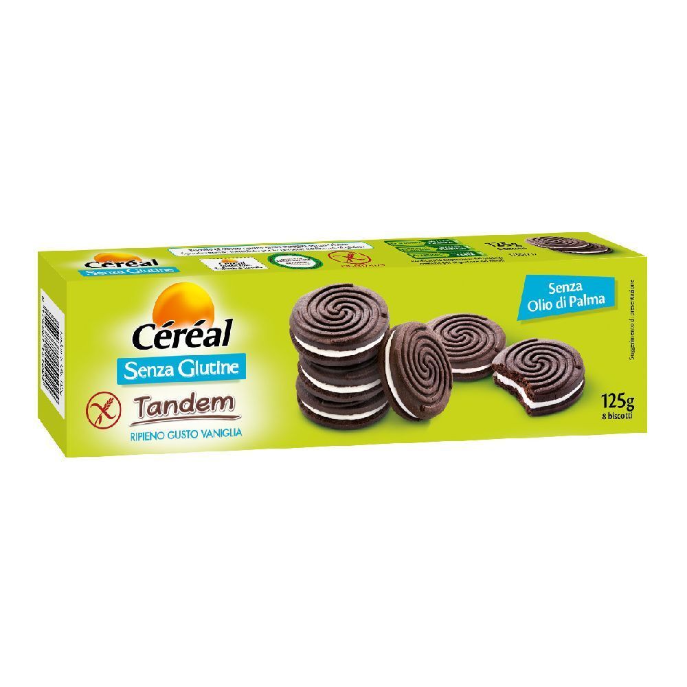 Scatola verde con biscotti. Scritto: Céréal Senza Glutine Tandem. 125g. Simbolo senza glutine. Biscotti con ripieno di crema.