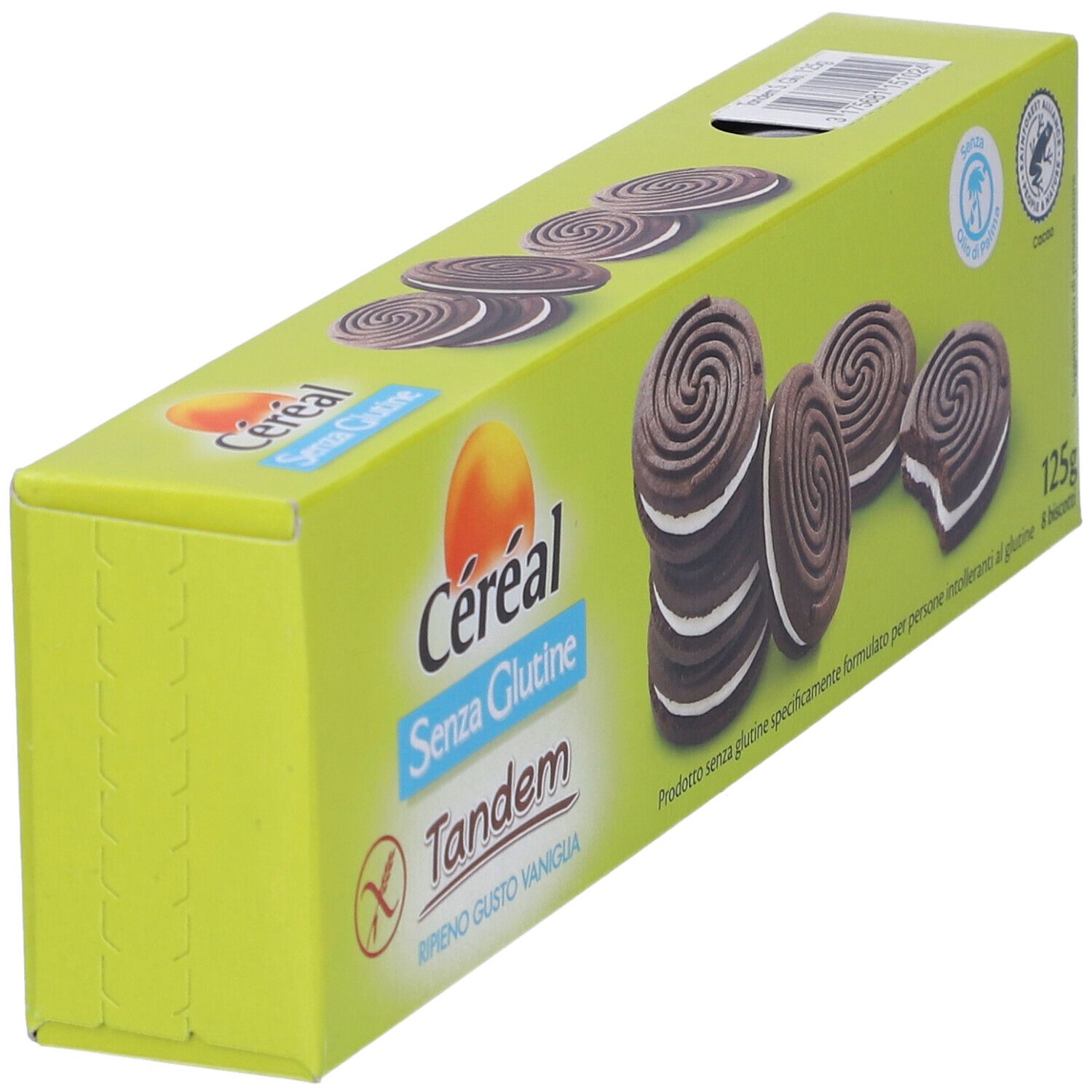 Scatola con biscotti. Scritto: Céréal Senza Glutine Tandem. 125g. Simbolo senza glutine. Biscotti con ripieno di crema. Vista obliqua.