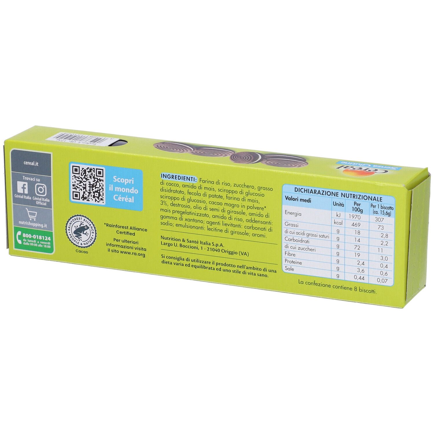 Retro della scatola di biscotti. Elenco ingredienti, informazioni nutrizionali, codice QR, loghi. Confezione verde.