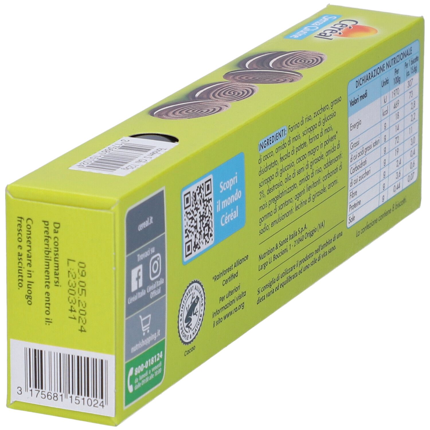 Scatola con biscotti. Scritto: Céréal Senza Glutine Tandem. 125g. Simbolo senza glutine. Biscotti con ripieno di crema. Vista obliqua.