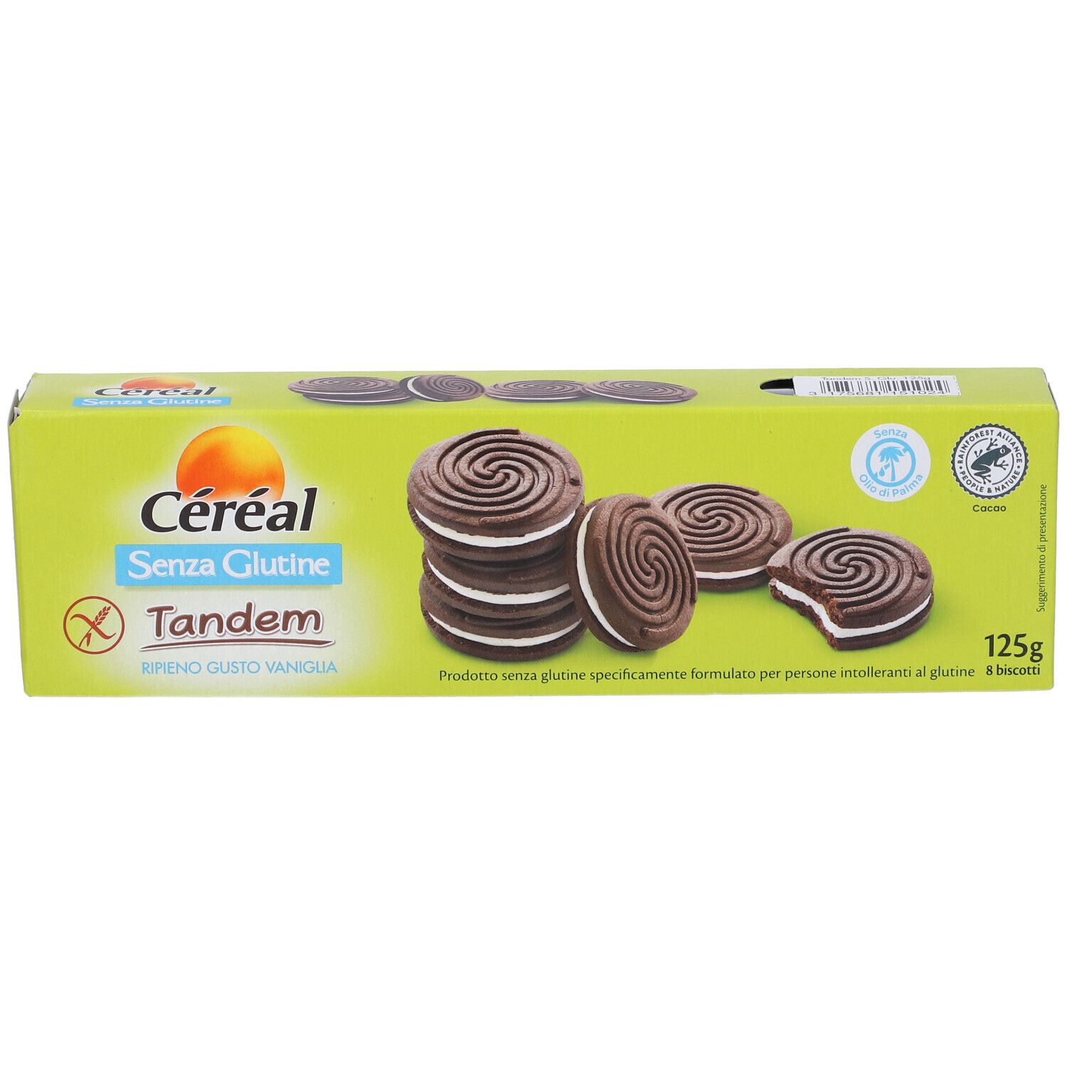 Scatola verde con biscotti. Scritto: Céréal Senza Glutine Tandem. 125g. Simbolo senza glutine. Biscotti con ripieno di crema.