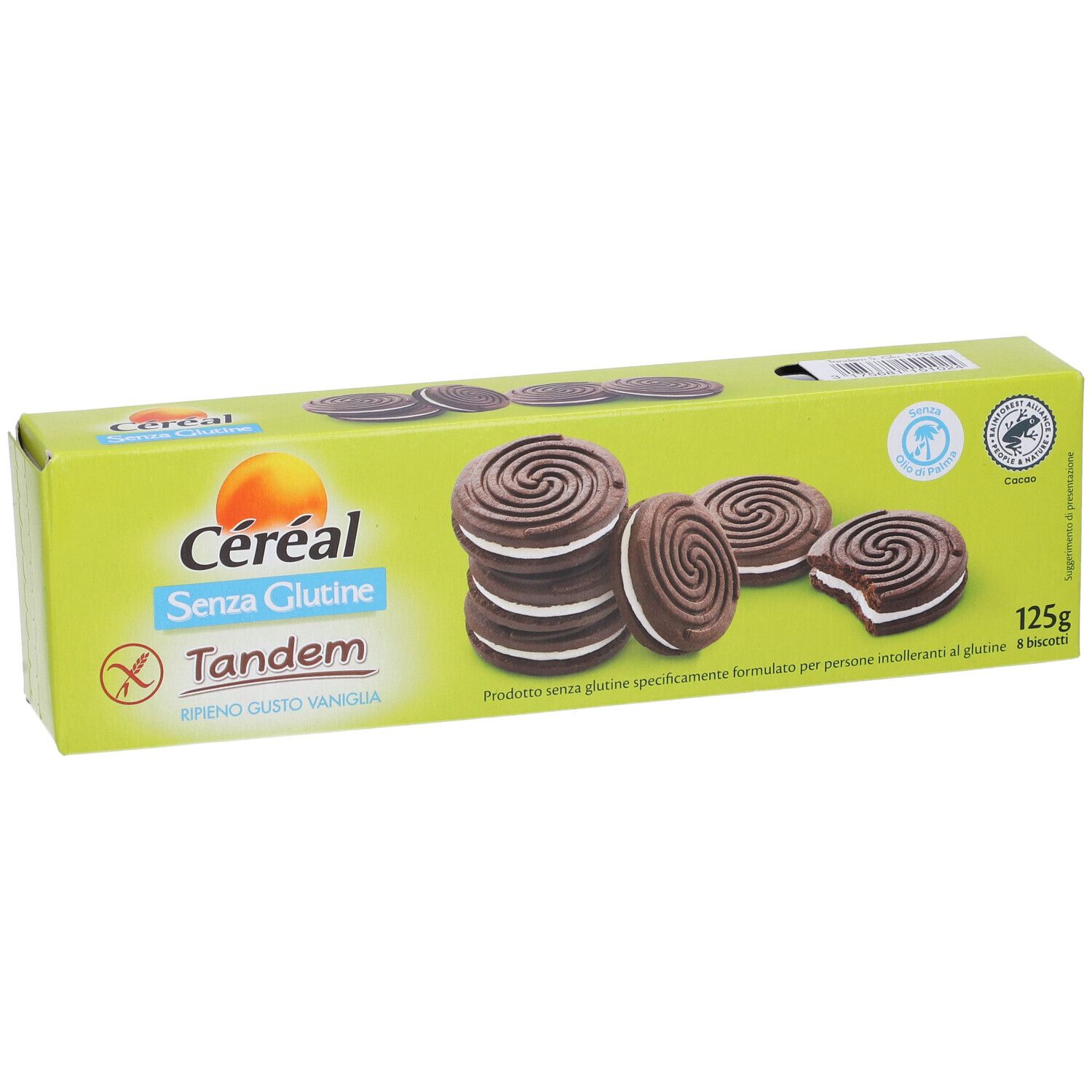 Scatola verde con biscotti. Scritto: Céréal Senza Glutine Tandem. 125g. Simbolo senza glutine. Biscotti con ripieno di crema.