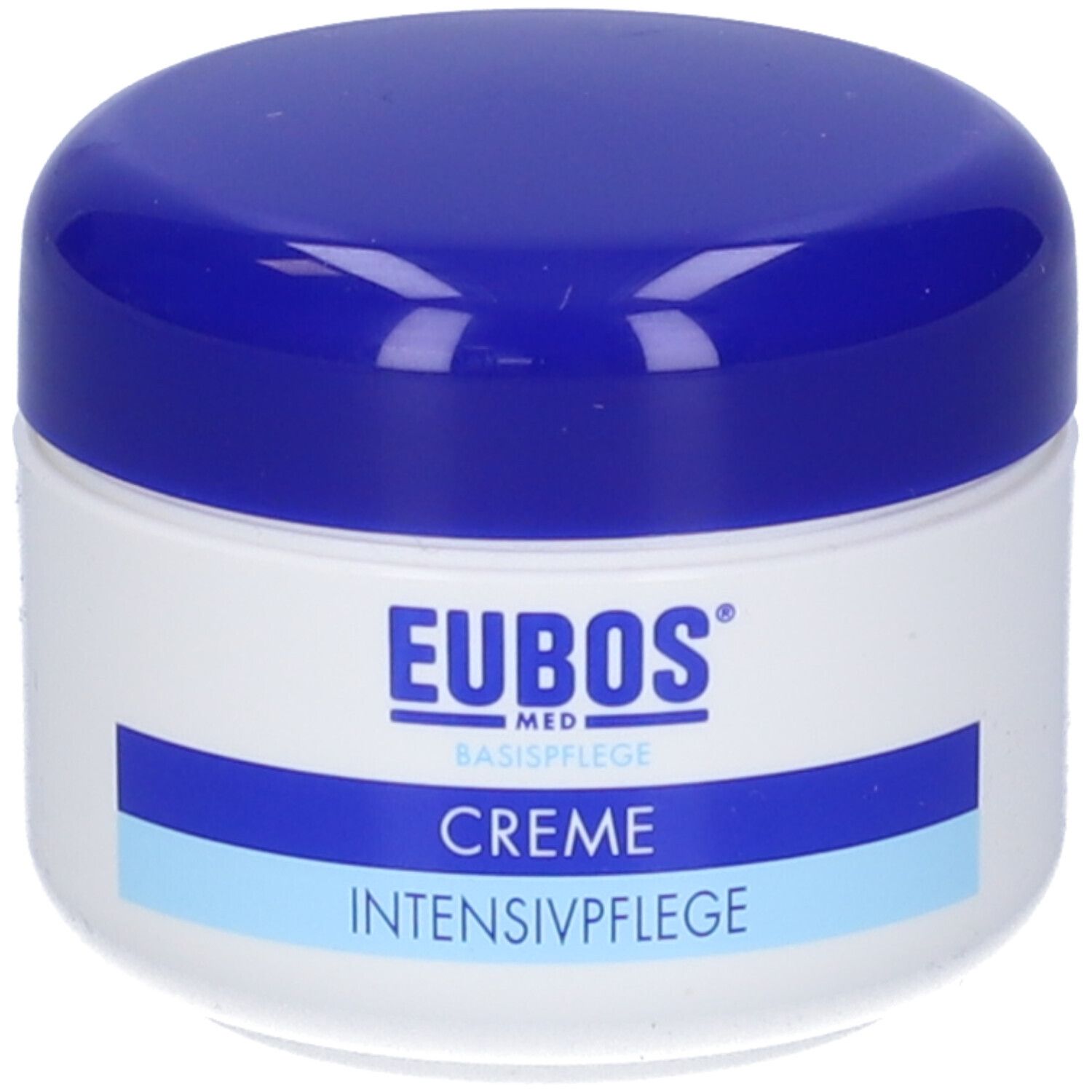 Vasetto di crema con coperchio blu. Scritta: EUBOS, CREME INTENSIVPFLEGE. Vasetto bianco con coperchio blu.