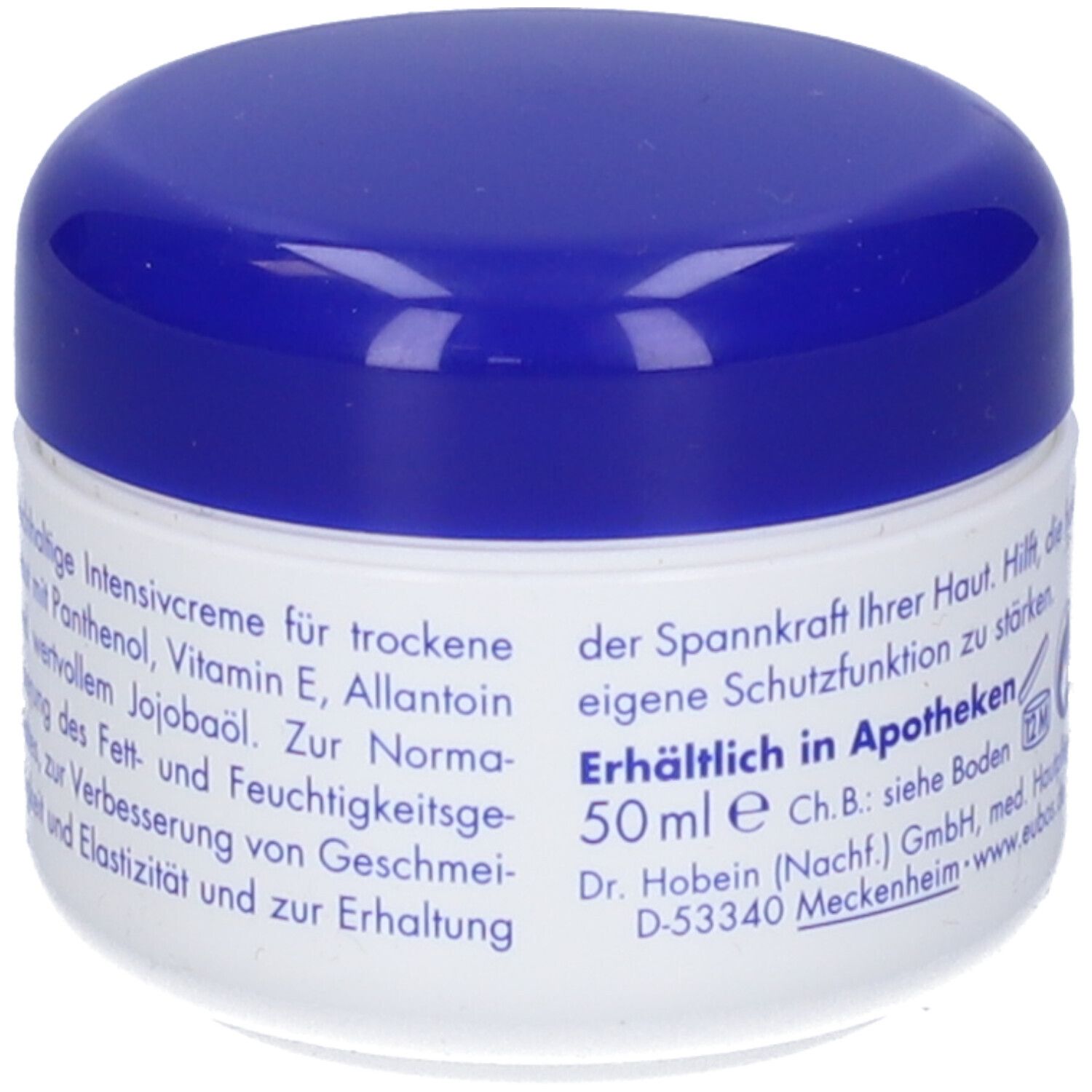 Vasetto di crema con coperchio blu. Testo sul retro. Vasetto bianco con coperchio blu.