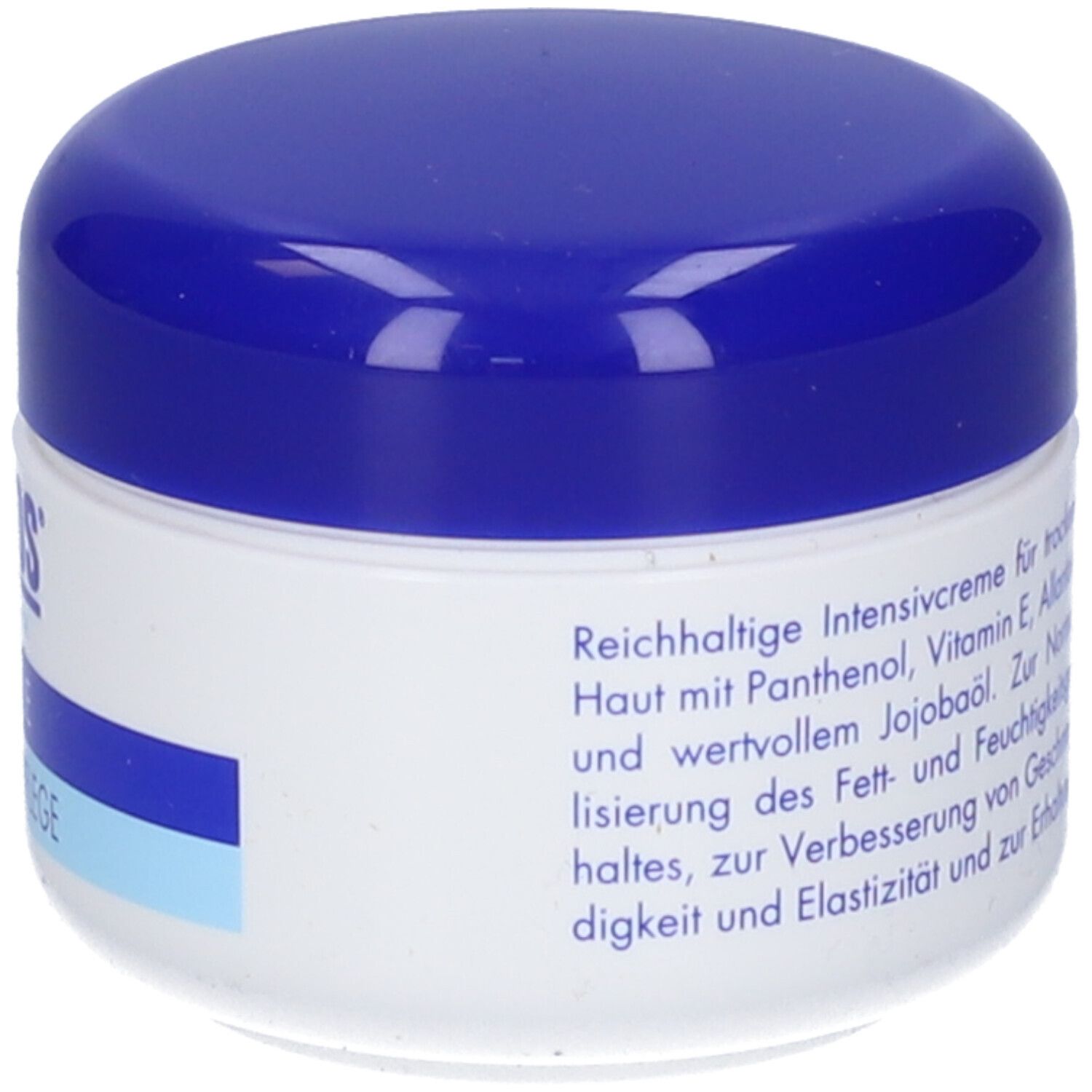 Vasetto di crema con coperchio blu. Testo sul retro. Vasetto bianco con coperchio blu.