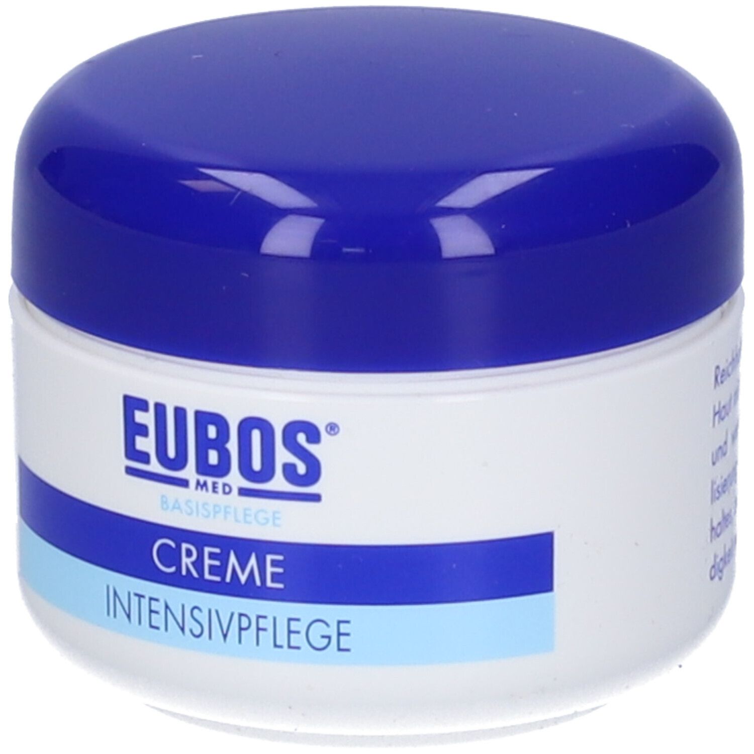 Vasetto di crema con coperchio blu. Scritta: EUBOS, CREME INTENSIVPFLEGE. Vasetto bianco con coperchio blu.