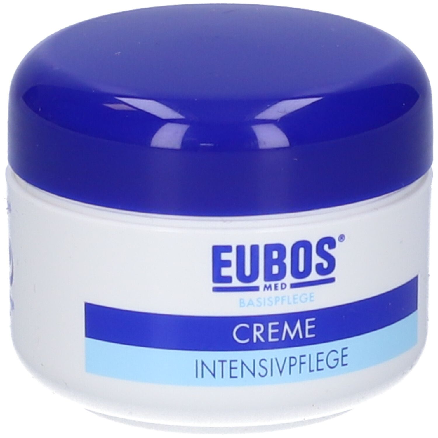 Vasetto di crema con coperchio blu. Scritta: EUBOS, CREME INTENSIVPFLEGE. Vasetto bianco con coperchio blu.