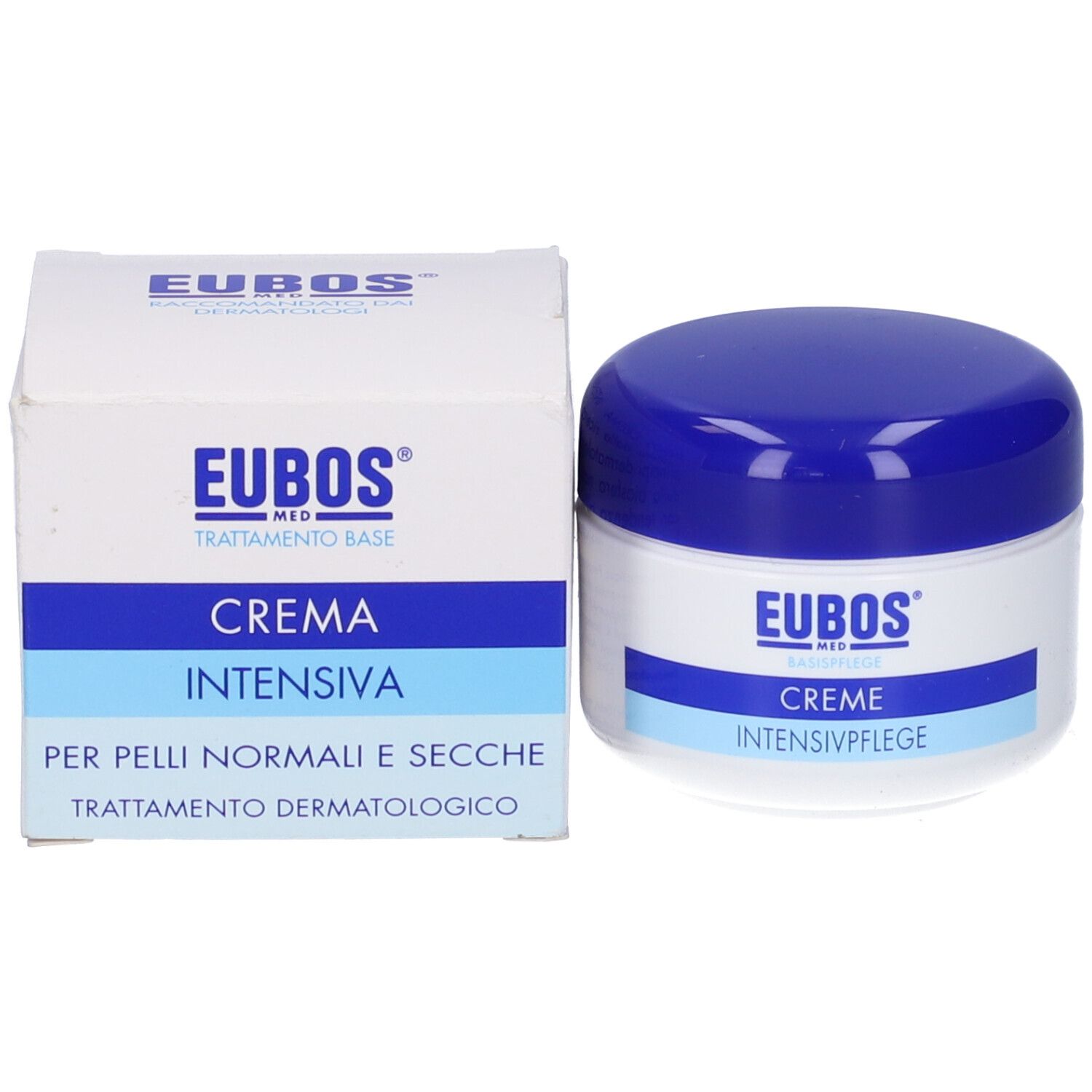 Vasetto di crema e scatola pieghevole. Scritta: EUBOS, CREMA INTENSIVA, per pelli normali e secche.