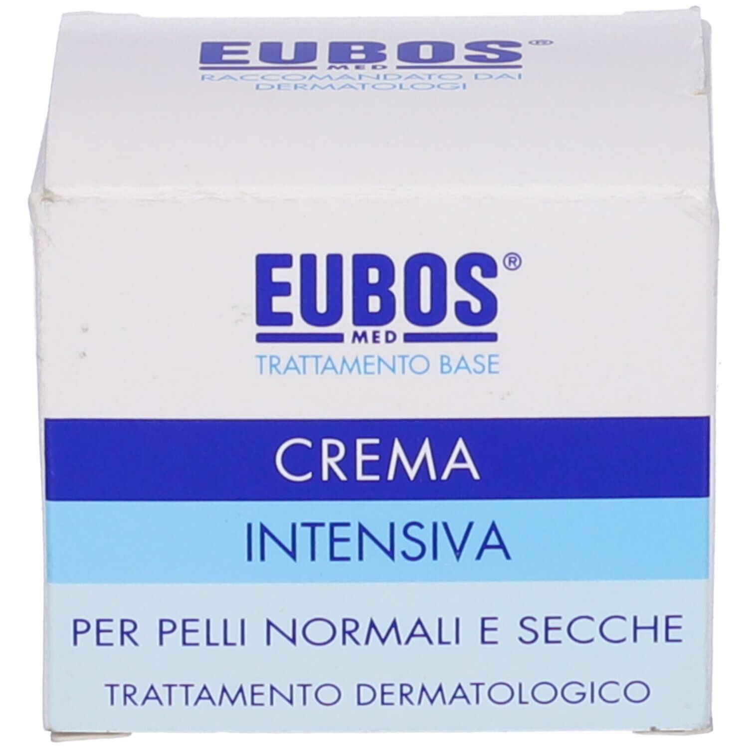 Scatola pieghevole bianca con fascia blu. Scritta: EUBOS, CREMA INTENSIVA, per pelli normali e secche.