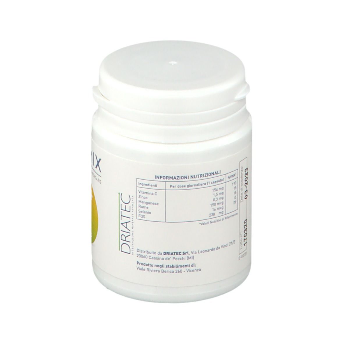Barattolo bianco con coperchio. Retro con informazioni nutrizionali e logo Driatec. Scadenza 03-2023.
