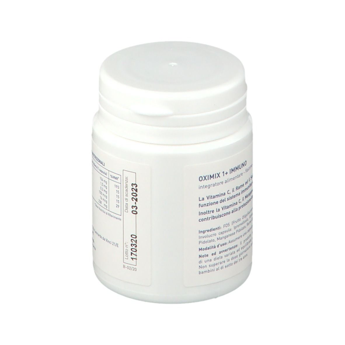 Barattolo bianco con coperchio. Retro con informazioni nutrizionali e testo. Scadenza 03-2023.