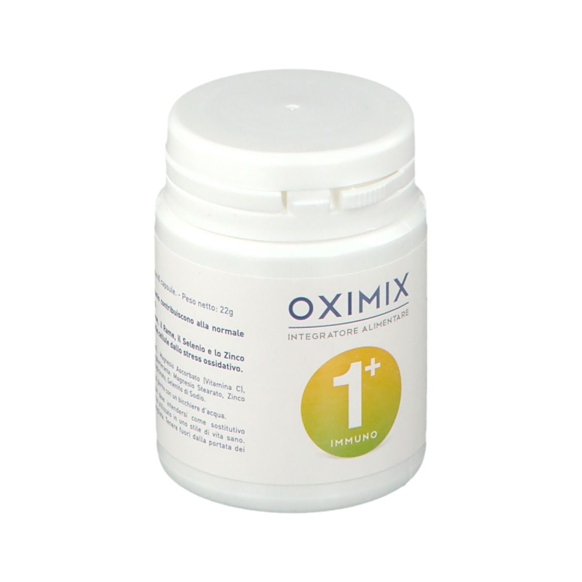 Barattolo bianco con coperchio. Scritta Oximix 1+ Immuno. Cerchio giallo con 1+ Immuno. Peso 22g.