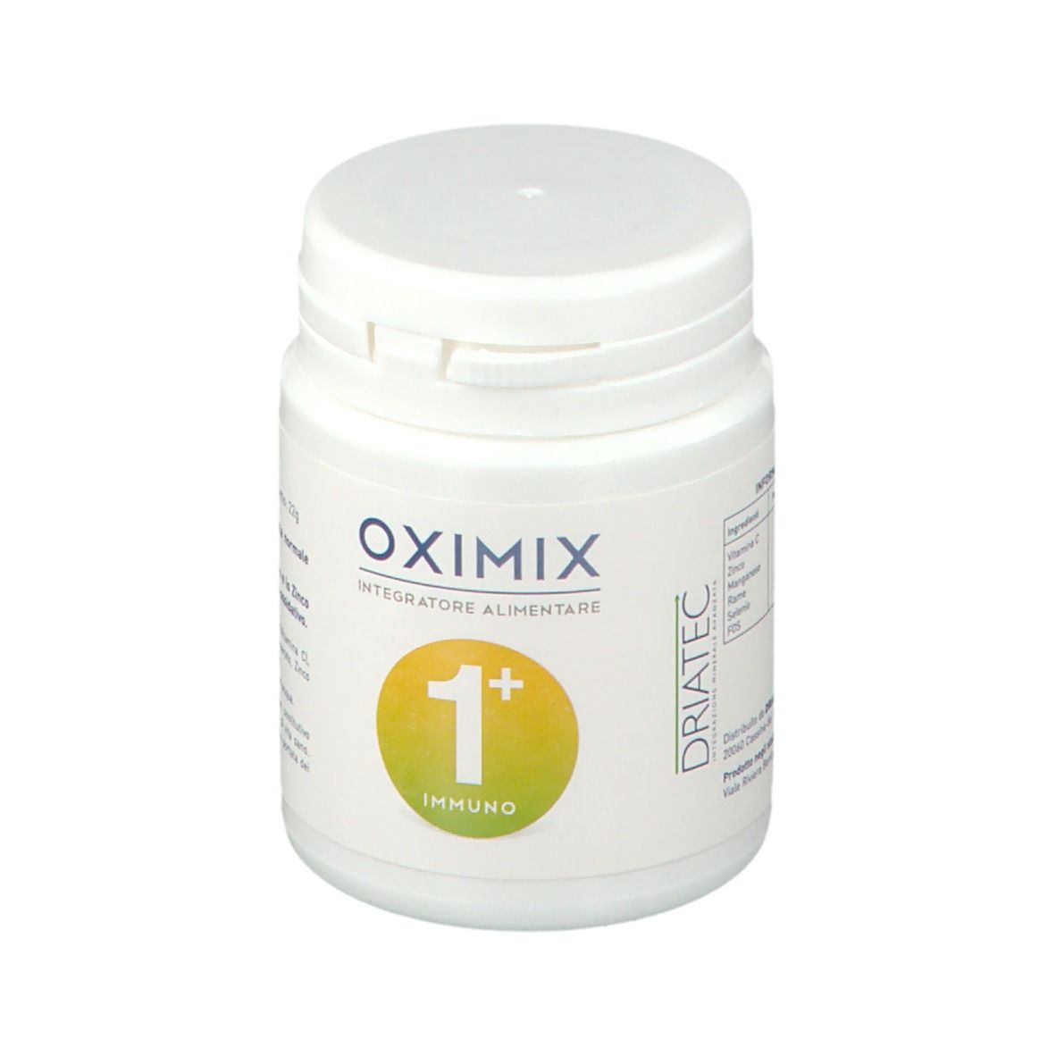 Barattolo bianco con coperchio. Scritta Oximix 1+ Immuno. Cerchio giallo con 1+ Immuno. Logo Driatec.