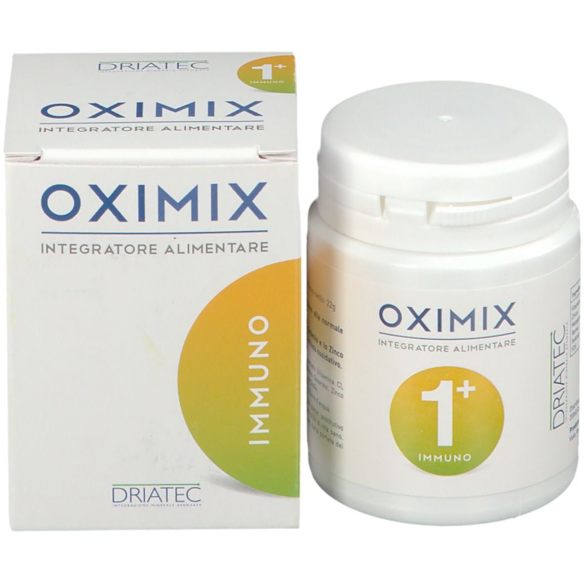 Barattolo bianco e scatola. Scritta Oximix 1+ Immuno. Cerchio giallo con 1+ Immuno. Driatec.