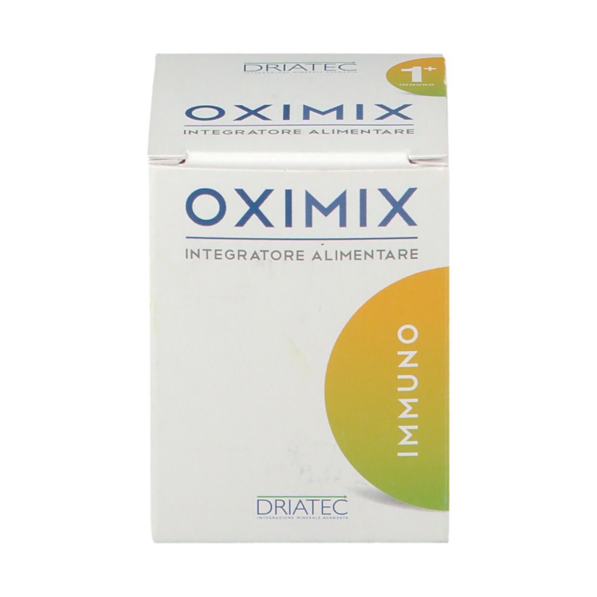 Scatola bianca. Scritta Oximix 1+ Immuno. Cerchio giallo con 1+ Immuno. Logo Driatec.