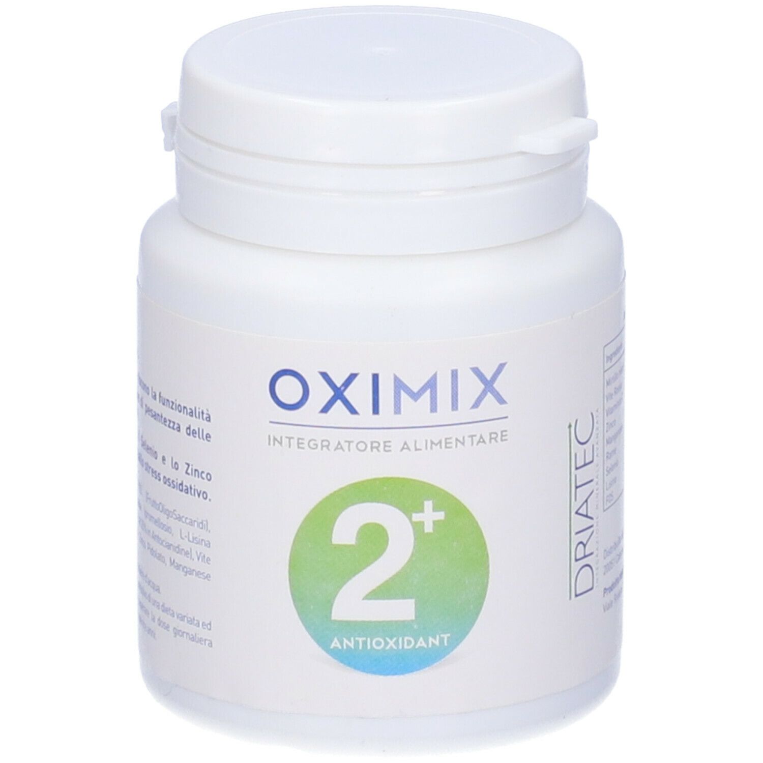 Flacone bianco Oximix 2+ Antioxidant. Grafica blu-verde. Scritta Oximix, 2+ e Antioxidant.