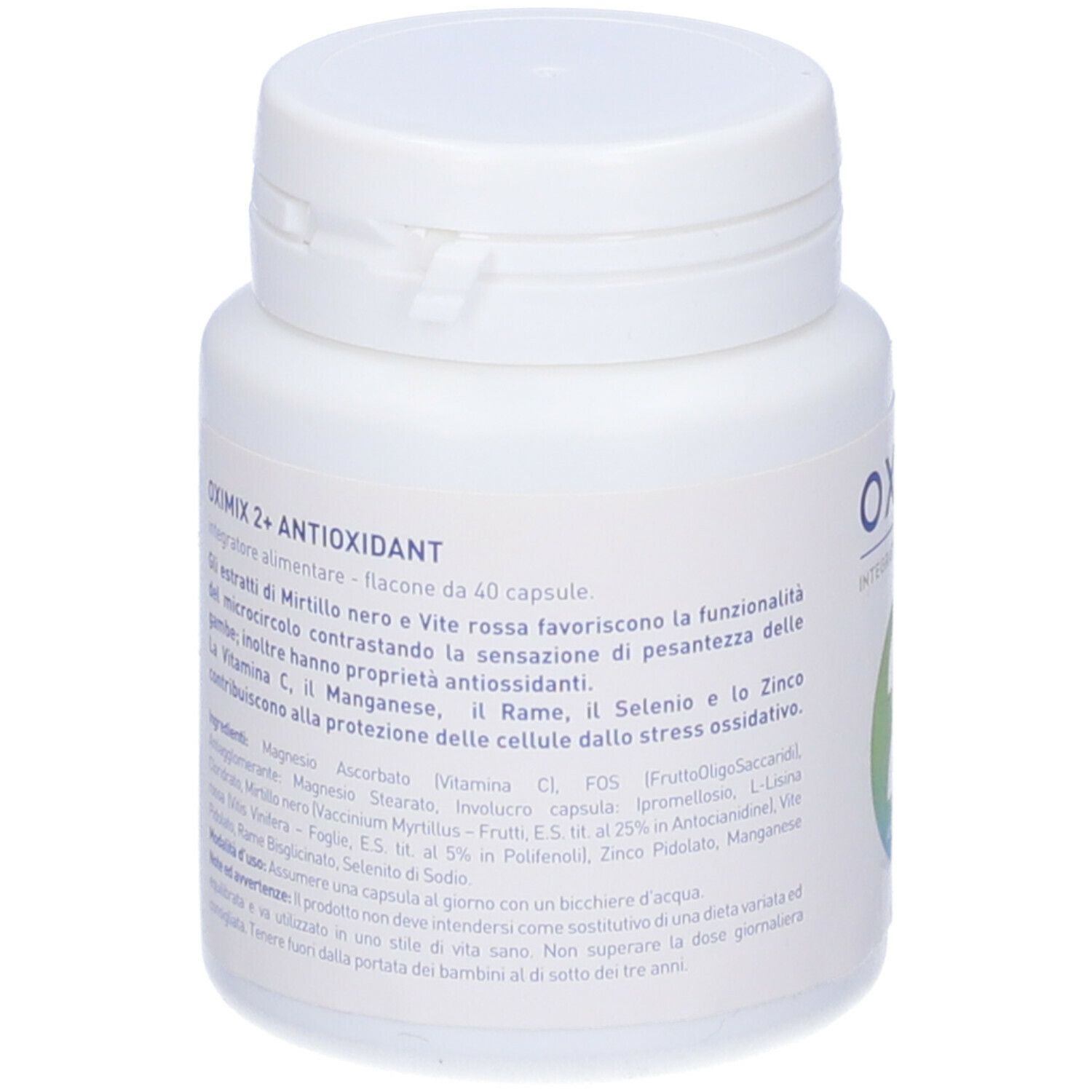 Flacone bianco Oximix 2+ Antioxidant. Retro con testo. Scritta Oximix e 2+.