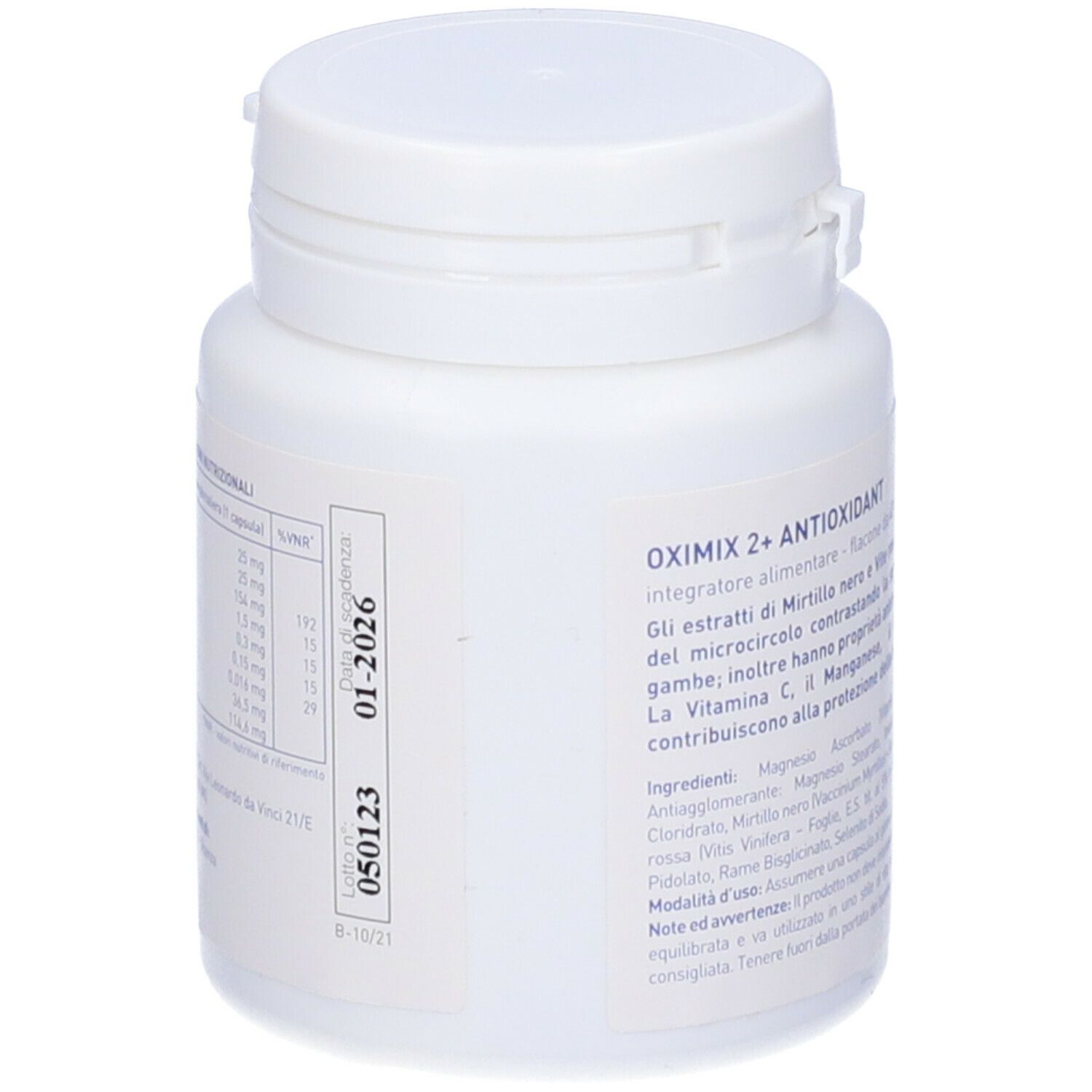 Flacone bianco Oximix 2+ Antioxidant. Retro con testo e scadenza. Scritta Oximix.