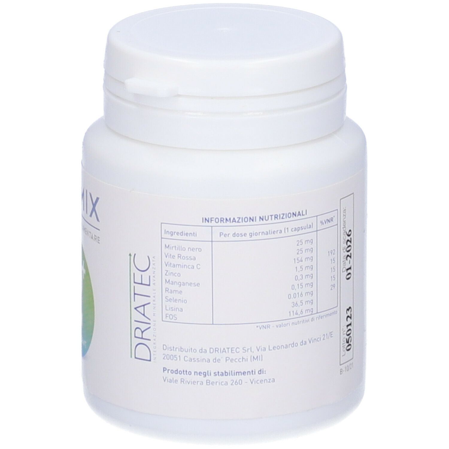 Flacone bianco Oximix 2+ Antioxidant. Retro con testo e informazioni nutrizionali. Scritta Oximix.