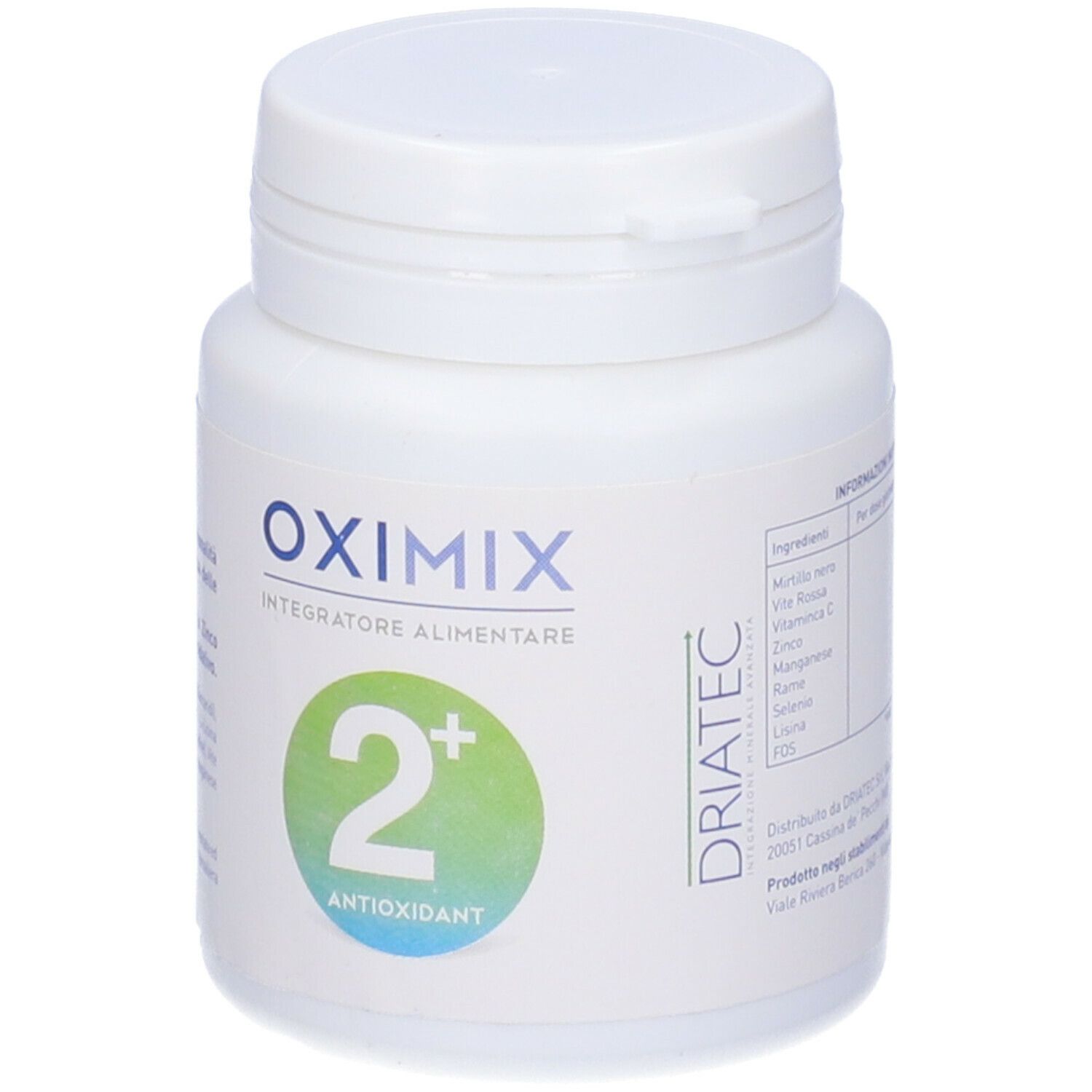 Flacone bianco Oximix 2+ Antioxidant. Fronte con scritta Oximix, 2+ e Antioxidant.