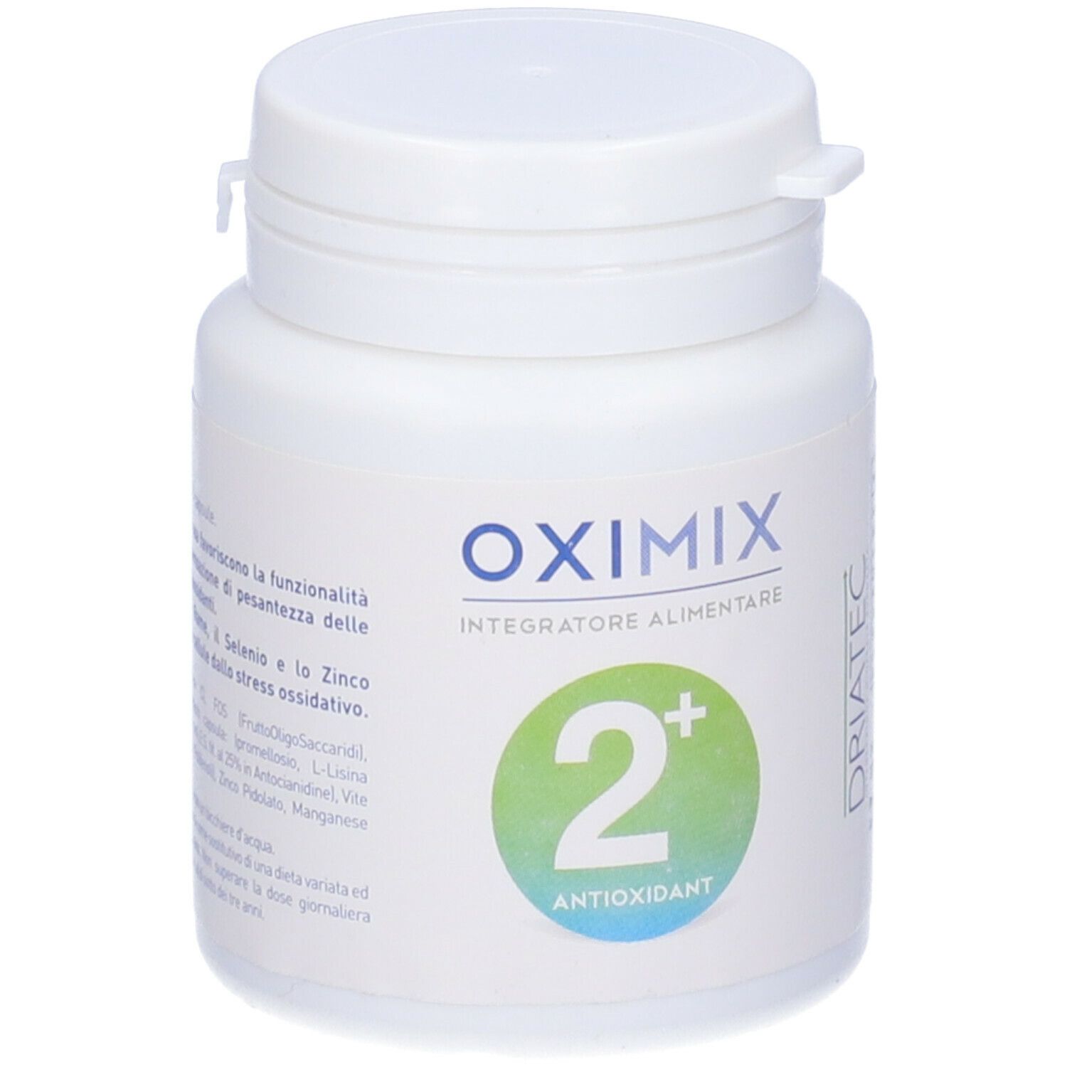 Flacone bianco Oximix 2+ Antioxidant. Fronte con scritta Oximix, 2+ e Antioxidant.