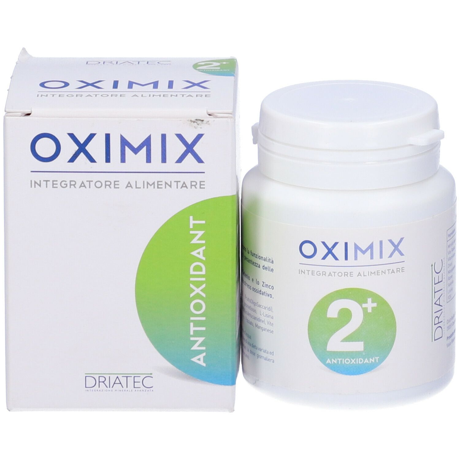 Flacone e scatola Oximix 2+ Antioxidant. Scritta Oximix, 2+ e Antioxidant.