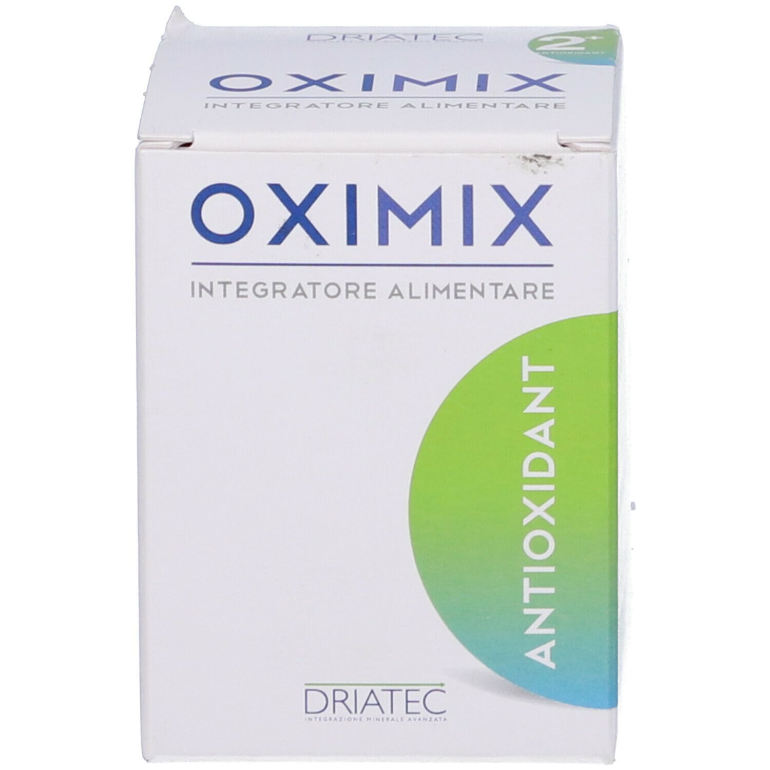 Scatola bianca Oximix 2+ Antioxidant. Scritta Oximix, 2+ e Antioxidant.