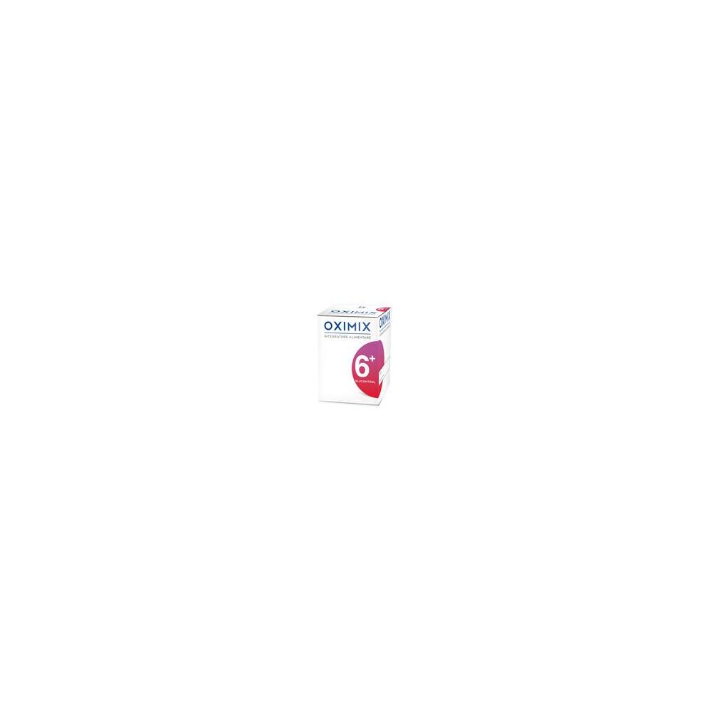 Scatola Oximix 6+ Glucocontrol. Bianco, blu e rosso. Scritta: Glucocontrol. Confezione.