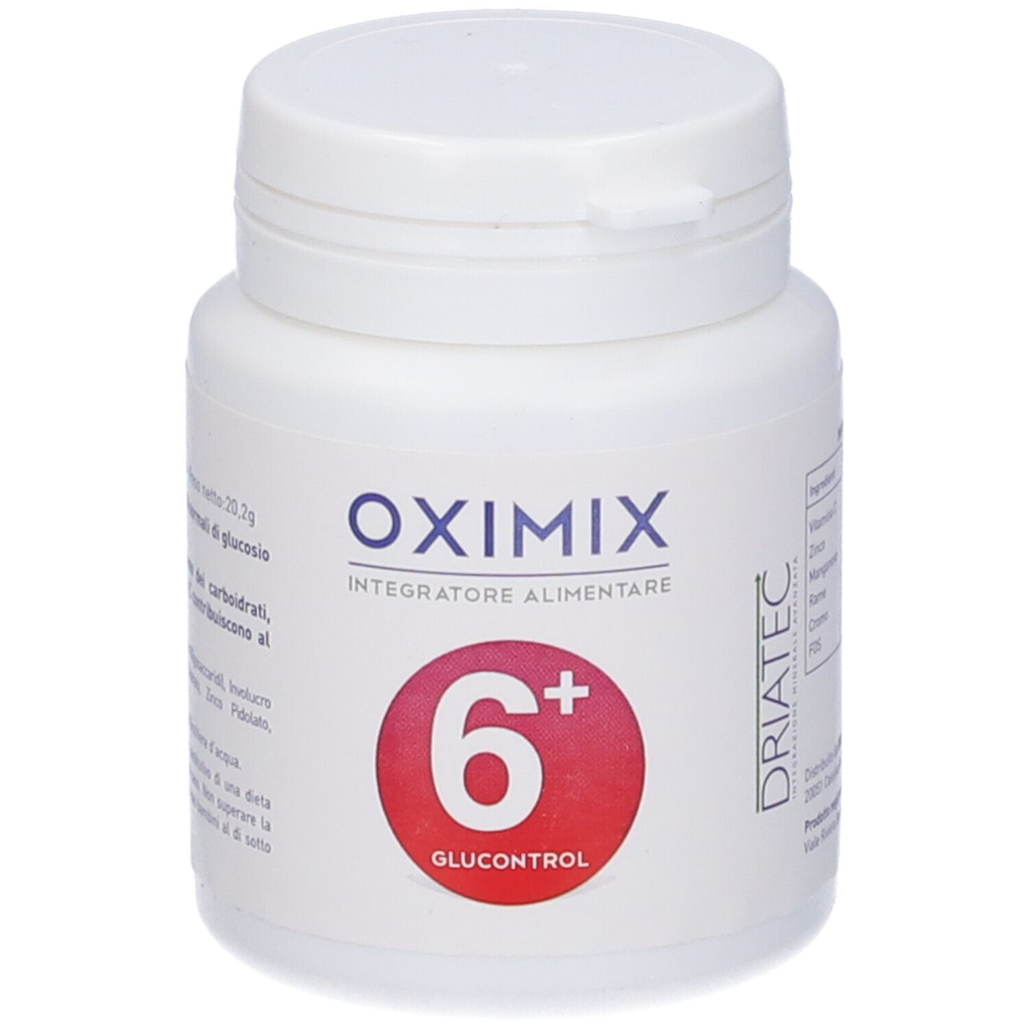 Flacone bianco Oximix 6+ Glucocontrol. Cerchio rosso con 6+. Scritta blu e rossa.