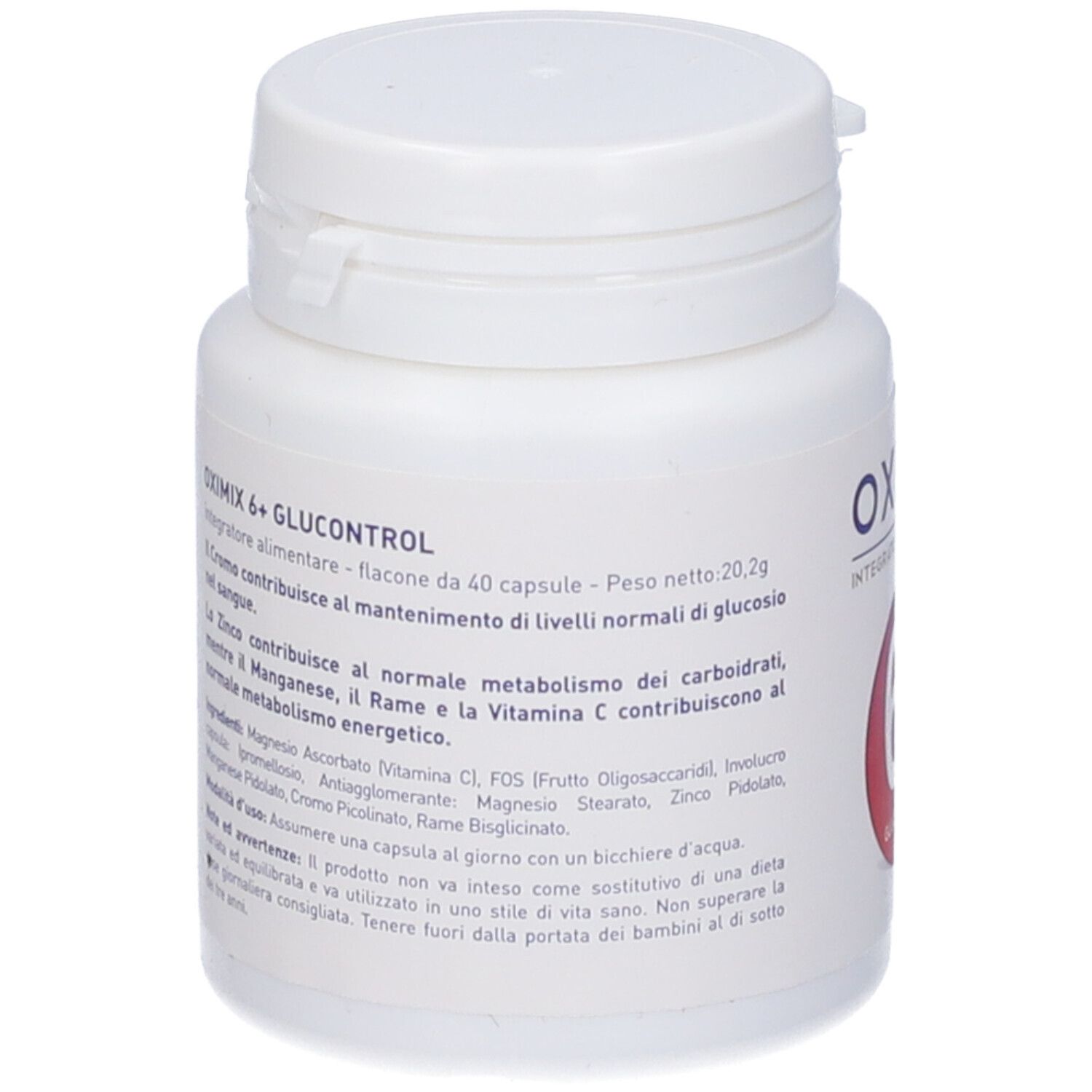 Flacone bianco Oximix 6+ Glucocontrol. Retro con testo. Scritta: Oximix, Glucocontrol.