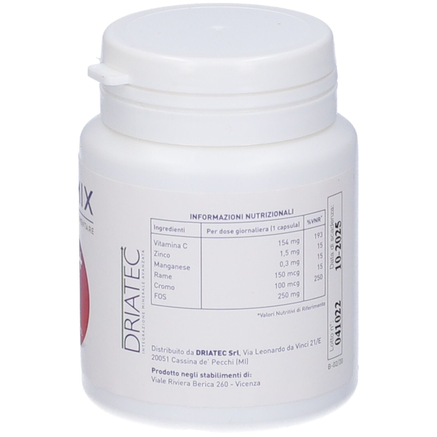 Flacone bianco Oximix 6+ Glucocontrol. Retro con informazioni nutrizionali. Scritta: Oximix.
