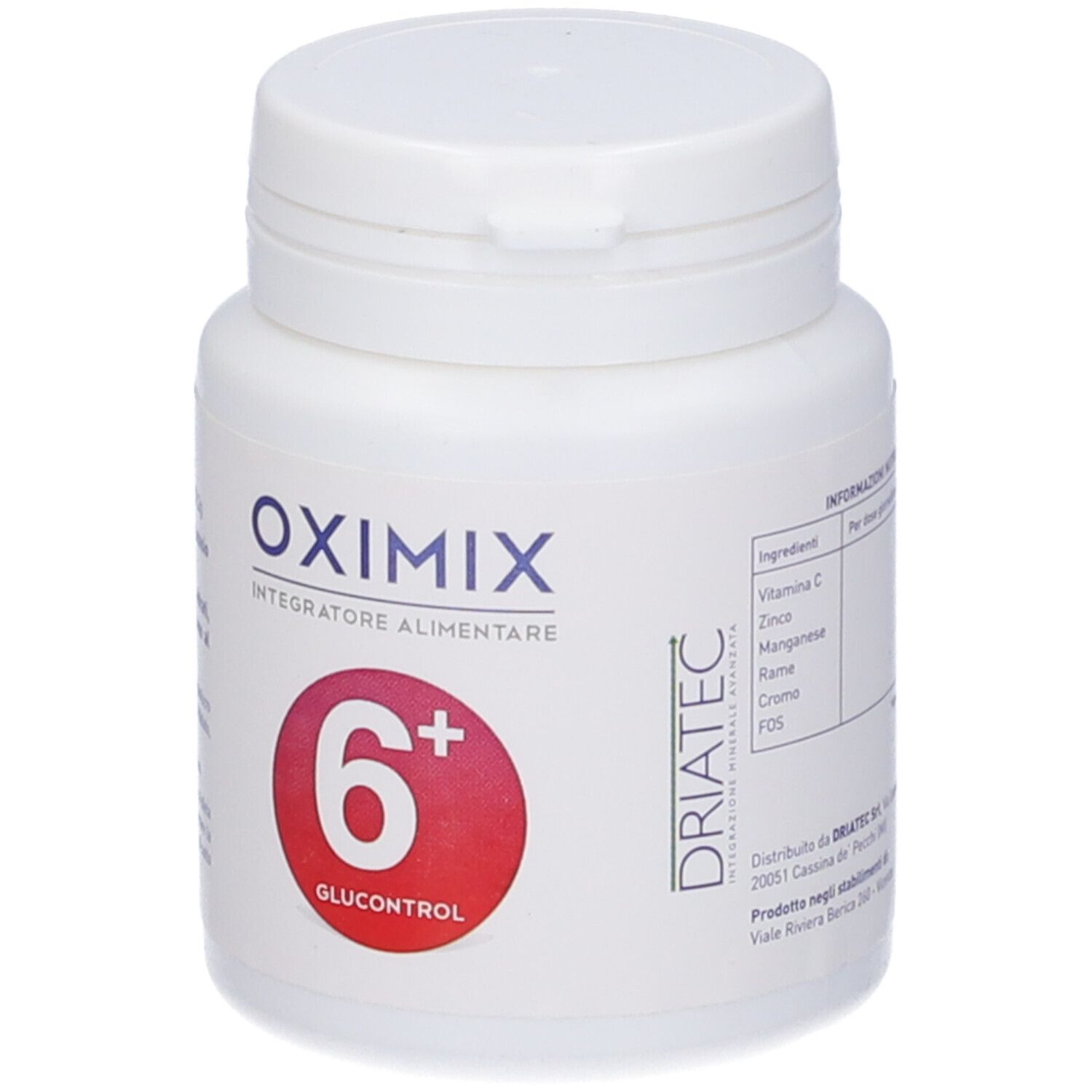 Flacone bianco Oximix 6+ Glucocontrol. Scritta: Oximix, 6+, Glucocontrol. Cerchio rosso.