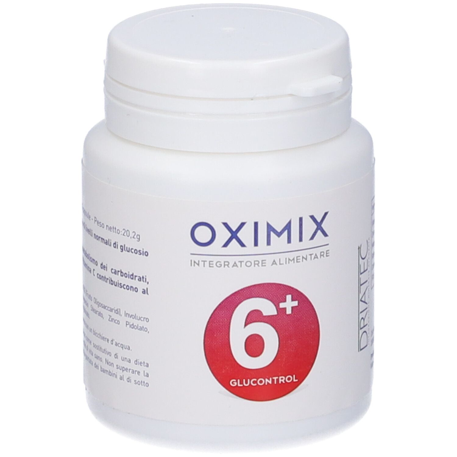 Flacone bianco Oximix 6+ Glucocontrol. Scritta: Oximix, 6+, Glucocontrol. Cerchio rosso.