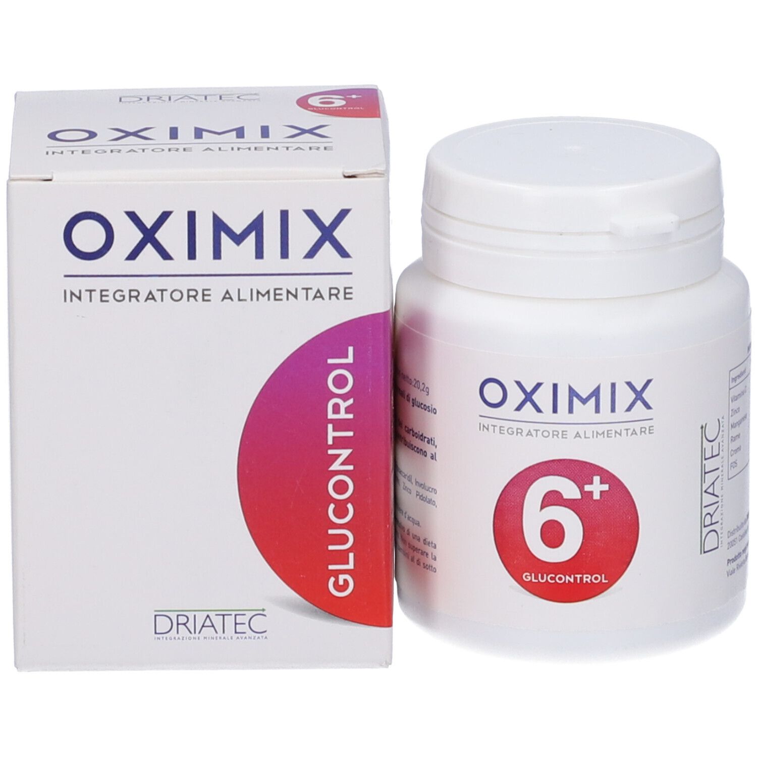 Flacone e scatola Oximix 6+ Glucocontrol. Flacone e scatola bianchi. Scritta: Oximix.