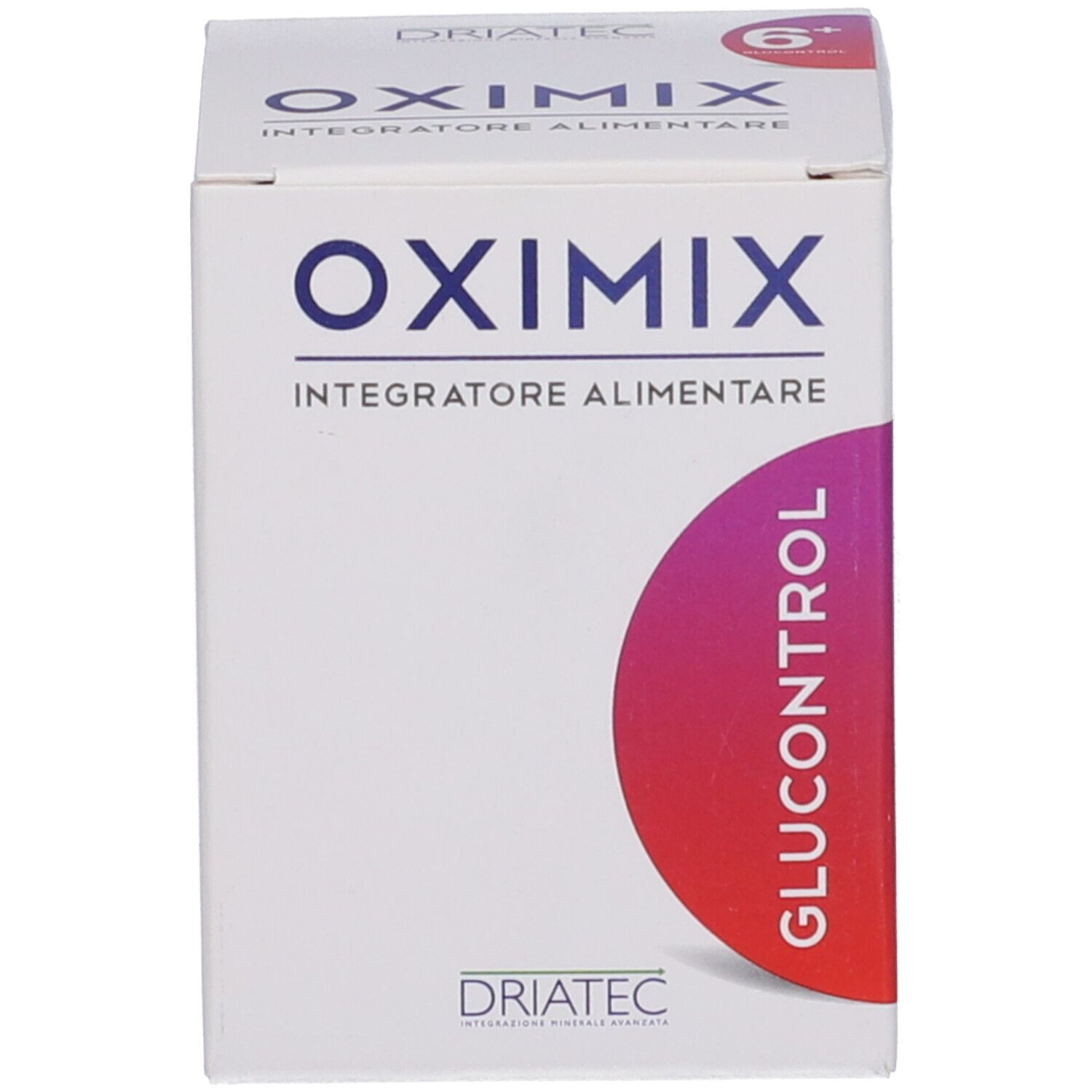 Scatola Oximix 6+ Glucocontrol. Bianco, blu e rosso. Scritta: Oximix, Glucocontrol.