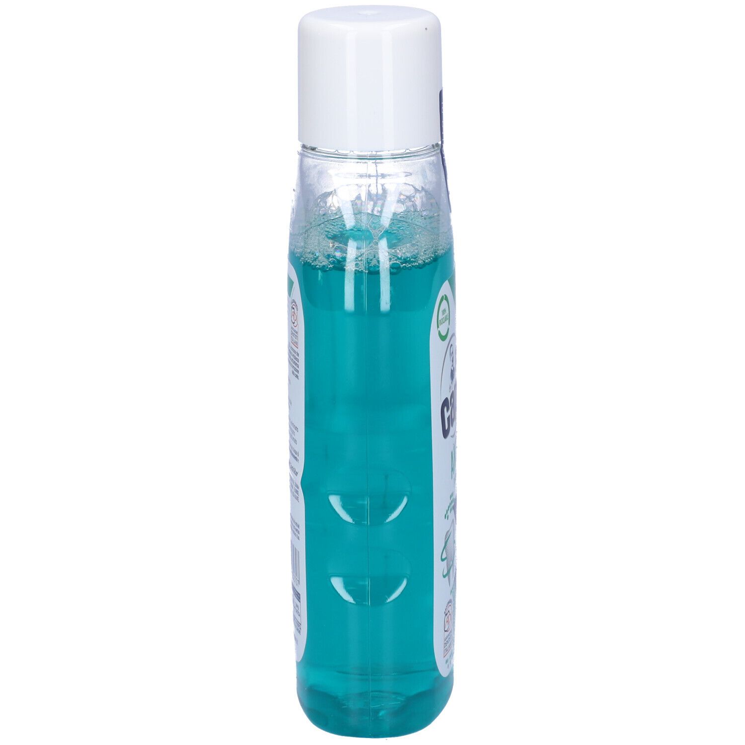 Bottiglia trasparente con liquido blu e tappo bianco. Scritta ed etichetta.