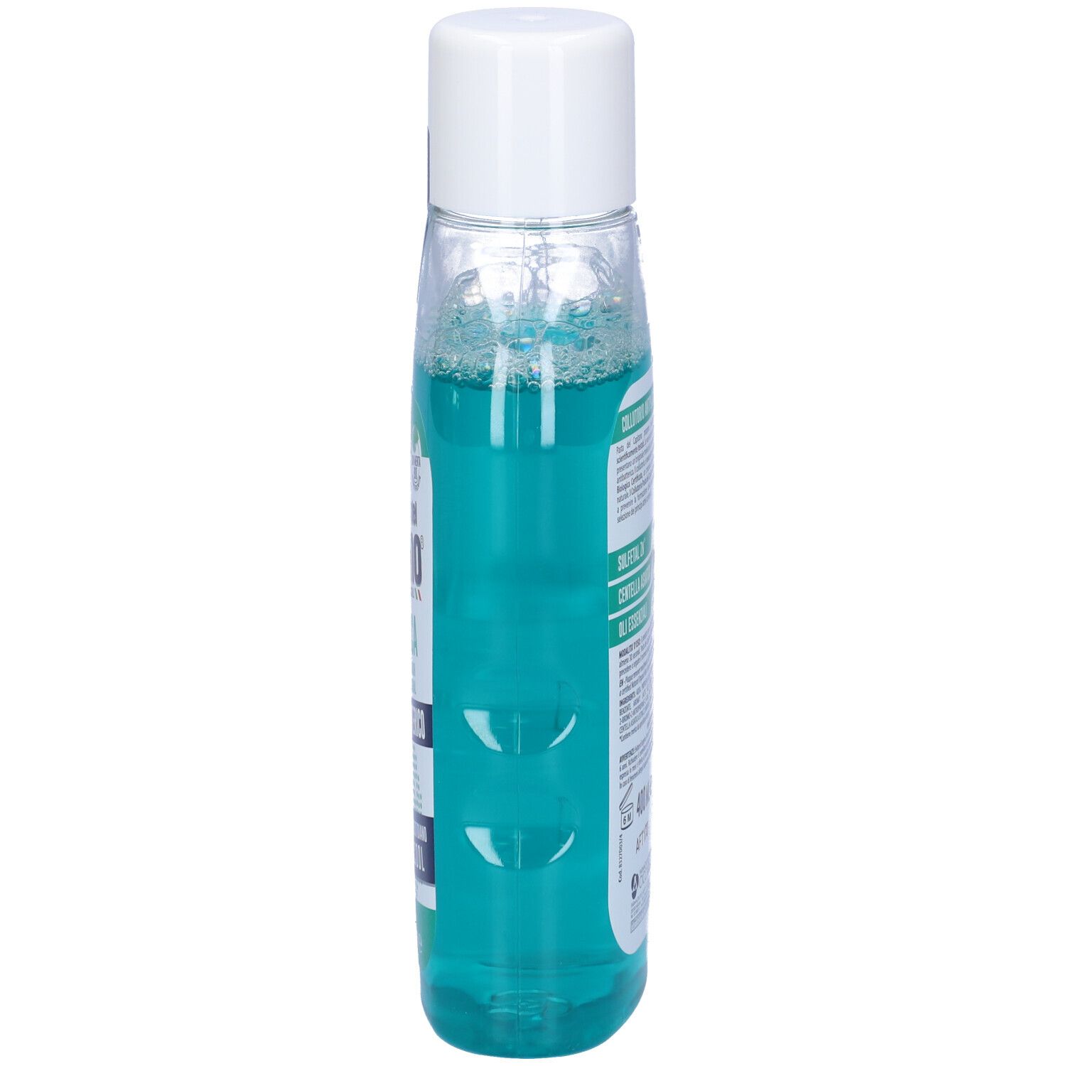 Bottiglia trasparente con liquido blu e tappo bianco. Scritta ed etichetta.