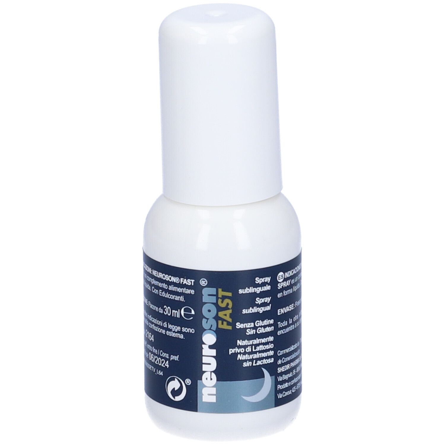 Piccolo flacone spray bianco con etichetta blu. L'etichetta riporta "neuroson FAST".