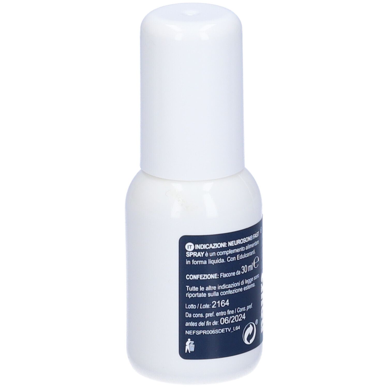 Piccolo flacone spray bianco con etichetta blu. L'etichetta riporta "neuroson FAST".